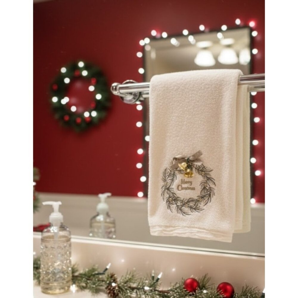 GLITZ + GLIMMER Christmas Hand Towel Wreath Gold Bells Cream Embroidered Holiday